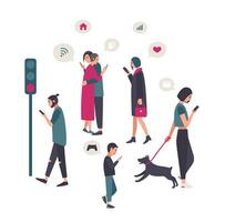 gadgets, téléphone intelligent dépendance conceptuel illustration avec gens à rue. vecteur