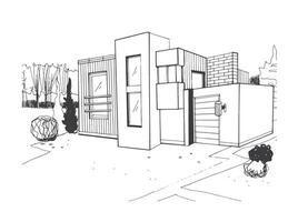 main tiré villa. moderne privé Résidentiel maison. noir et blanc esquisser illustration. vecteur