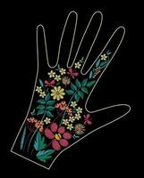 satin point broderie conception avec coloré fleurs. populaire ligne floral branché modèle sur gant décor. ethnique mode ornement pour main sur noir Contexte. vecteur
