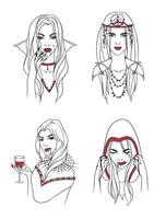vampire fille. femme avec crocs et sang. collection élégant portrait Halloween personnage. main tiré contour vecteur illustration.