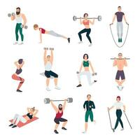 Gym gens ensemble. Jeune homme et femmes engagé dans sport. différent des exercices collection dans plat style. vecteur illustration.