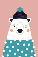 mignonne polaire ours dans chapeau et chandail sur rose Contexte. verticale salutation carte. coloré illustration pour carte postale dans dessin animé style. vecteur