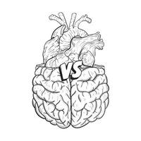 cœur contre cerveau. concept de esprit contre l'amour lutte, difficile choix. main tiré noir et blanc vecteur illustration.