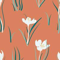 abstrait floral sans couture modèle avec crocus. moderne floral exotique imprimer. main tiré artistique conception pour papier, couverture, tissu, textile vecteur