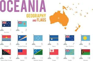 ensemble de 14 drapeaux de Océanie isolé sur blanc Contexte et carte de Océanie avec des pays situé sur il. vecteur