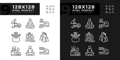 pixel parfait Icônes ensemble représentant méditation, modifiable lumière et foncé mode mince ligne bien-être illustration. vecteur