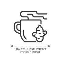 2d pixel parfait modifiable noir gingembre thé icône, isolé vecteur, mince ligne illustration représentant allergène gratuit. vecteur