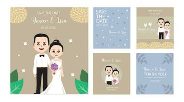 ensemble de mariage invitation cartes avec mignonne dessin animé la mariée et jeune marié. vecteur illustration