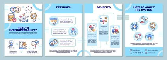 2d santé interopérabilité Ressources bleu brochure modèle, brochure conception avec mince ligne Icônes, 4 vecteur mises en page.