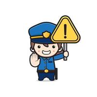police mignonne tenant un panneau d'avertissement illustration d'icône de dessin animé vecteur