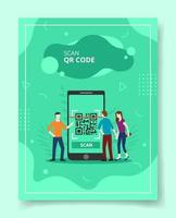 scannez les personnes de code qr debout devant un smartphone géant pour le modèle vecteur