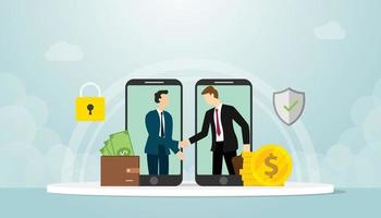 concept de transaction mobile avec poignée de main d'homme d'affaires avec de l'argent vecteur