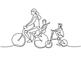 un dessin au trait continu d'une mère faisant du vélo avec son enfant vecteur