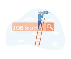 à la recherche pour Nouveau emploi, trouver opportunité, homme d'affaire montée une échelle sur emploi chercher bar avec binoculaire à voir opportunité, plat vecteur moderne illustration