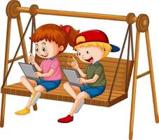 enfants se penchant en ligne avec une tablette sur une balançoire vecteur
