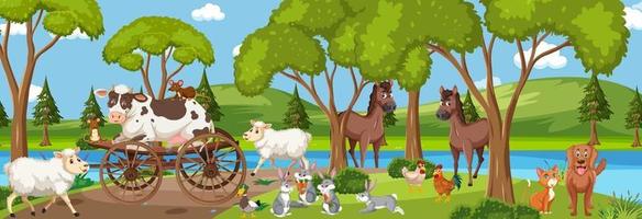 scène de paysage panoramique avec divers animaux de la ferme dans la forêt vecteur