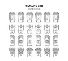 recyclage bacs Icônes, logos. des ordures tri et ségrégation. poubelles pour Plastique, papier, verre, BIO, métal, les déchets électroniques. déchets gestion. écologie. ligne art, griffonnages. vecteur