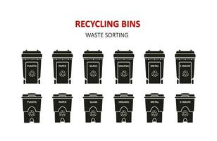 silhouette de recycler bacs, conteneurs, poubelle ordures wheelie poubelle. Icônes, symboles, pictogramme. recyclage. des ordures tri et déchets gestion. vert déchets, compost, général déchets. vecteur