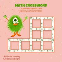 math mots croisés puzzle pour les enfants. ajout, soustraction, multiplication et division. compte en haut à 20. vecteur illustration. mots croisés Jeu avec dessin animé monstre. tâche, éducation Matériel pour enfants.