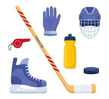 ensemble de le hockey équipement. casque, gants, bâton, palet, patins, siffler, l'eau bouteille. vecteur illustration.