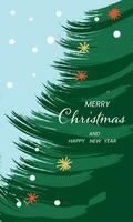 Noël carte avec sapin arbre et des balles. le une inscription content Nouveau année vacances sur le Contexte de une Noël arbre. vecteur