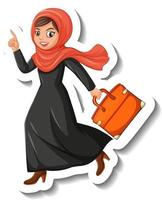 personnage de dessin animé autocollant de femme musulmane tenant un sac vecteur
