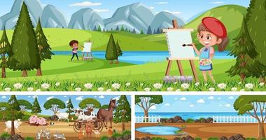 différentes scènes en plein air avec personnage de dessin animé vecteur