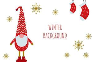 vecteur hiver affiche avec flocons de neige, gnome et chaussette. minimaliste bannière, affiche. hiver saison. blanc isolé Contexte.