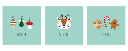 vecteur ensemble de hiver salutation cartes avec renne, pain d'épice, Noël jouets. salutation carte, affiche, modèle. minimaliste salutation carte avec hiver thème. main tiré style.