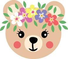 mignonne nounours ours visage avec couronne floral sur tête vecteur