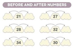 math Jeu pour enfants. avant et après Nombres. imprimable des feuilles de calcul. vecteur