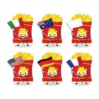 Patate frites dessin animé personnage apporter le drapeaux de divers des pays vecteur