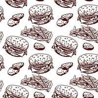 Burger, frites et pépites. vecteur illustration de une sans couture modèle dans graphique style. conception élément pour les menus de Restaurants, les cafés, nourriture Étiquettes, couvertures, emballage papier.