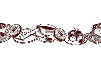 tasse de thé, beignets, des croissants, cheesecake, cuillère. vecteur illustration de une sans couture frontière dans graphique style. conception élément pour les menus de Restaurants, les cafés, nourriture Étiquettes, couvertures.
