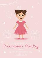 Princesse anniversaire fête invitation carte avec mignonne peu fille dans rose robe vecteur