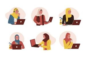 vecteur collection de femme musulman en utilisant portable