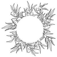 esquisser couronne de olive branche avec baies et feuilles. main tiré vecteur ligne art Cadre illustration. noir et blanc dessin de le symbole de Italie ou grec pour cartes, conception logo, tatouage.