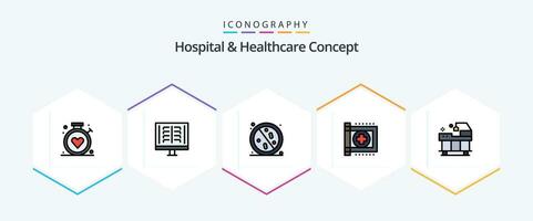 hôpital et soins de santé concept 25 ligne remplie icône pack comprenant santé. clinique. radiographie. se soucier. en bonne santé vecteur