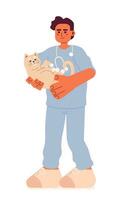 Masculin vétérinaire avec chat dessin animé plat illustration. clinique vétérinaire homme milieu est en portant chaton 2d personnage isolé sur blanc Contexte. médecin animal. vétérinaire médical scène vecteur Couleur image
