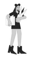 latina fille content en quittant emploi noir et blanc 2d ligne dessin animé personnage. hispanique Jeune adulte femme en portant plante d'appartement isolé vecteur contour personne. démission monochromatique plat place illustration