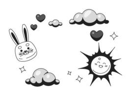 puéril Cadre noir et blanc 2d illustration concept. bébé douche décoration. enfance frontière isolé dessin animé contour scène. rêveur des nuages, mignonne lapin, souriant Soleil métaphore monochrome vecteur art