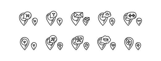 emplacement épingle et drapeau Icônes ensemble. griffonnage emplacement marqueur. esquisser restaurant, salle de sport, bar, aéroport, hôpital, magasin, Université repérer. main tiré GPS la navigation marque vecteur