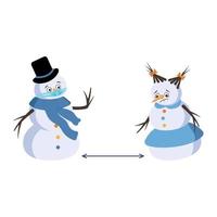 bonhomme de neige et femme de neige avec des émotions tristes et un masque gardent la distance vecteur