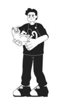 Masculin vétérinaire avec chat noir et blanc dessin animé plat illustration. clinique vétérinaire homme arabe en portant minou linéaire 2d personnage isolé. médecin animal. vétérinaire médical monochromatique scène vecteur image