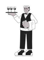 serveur portion noir et blanc dessin animé plat illustration. africain américain Masculin restaurant serveur avec plateau linéaire 2d personnage isolé. sommelier. restauration mariage monochromatique scène vecteur image