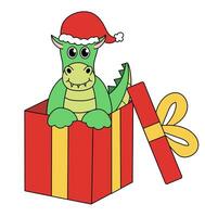 dessin animé Noël et Nouveau année dragon personnage. mignonne dragon dans cadeau boîte. vecteur plat illustration.