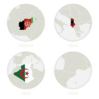 afghanistan, Albanie, Algérie, andorre carte contour et nationale drapeau dans une cercle. vecteur