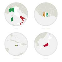 Italie, Ivoire côte, Jamaïque, Japon carte contour et nationale drapeau dans une cercle. vecteur