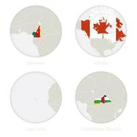 Cameroun, Canada, cap vert, central africain république carte contour et nationale drapeau dans une cercle. vecteur