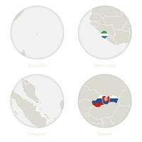 les Seychelles, sierra Léon, Singapour, la slovaquie carte contour et nationale drapeau dans une cercle. vecteur